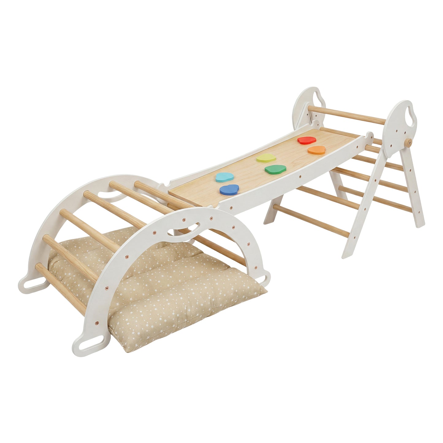 DEKKO 8 in 1 Triangle Climbing Set Kids Wooden Climber with Arch Slide Cushion