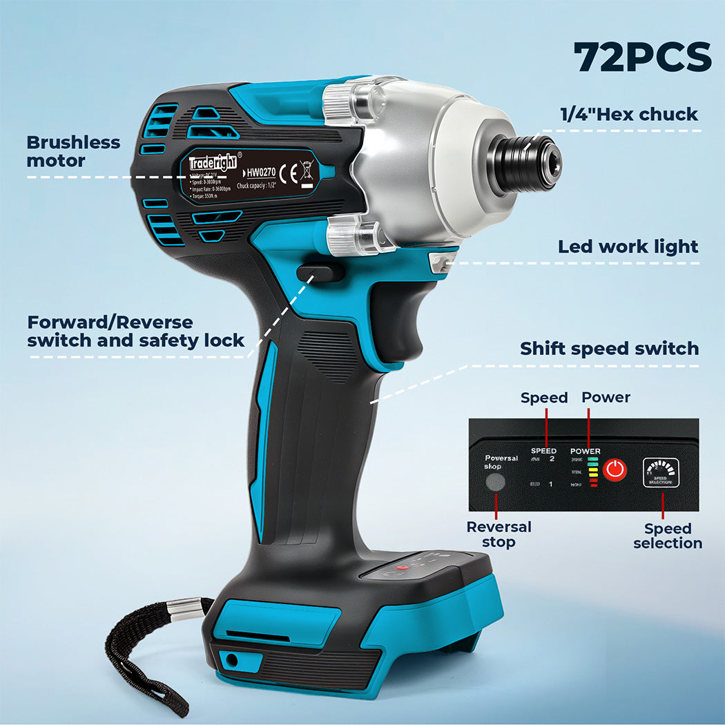 Traderight 21V Cordless Brushless Impact Wrench Driver 550/1200N.m 4.0Ah Battery