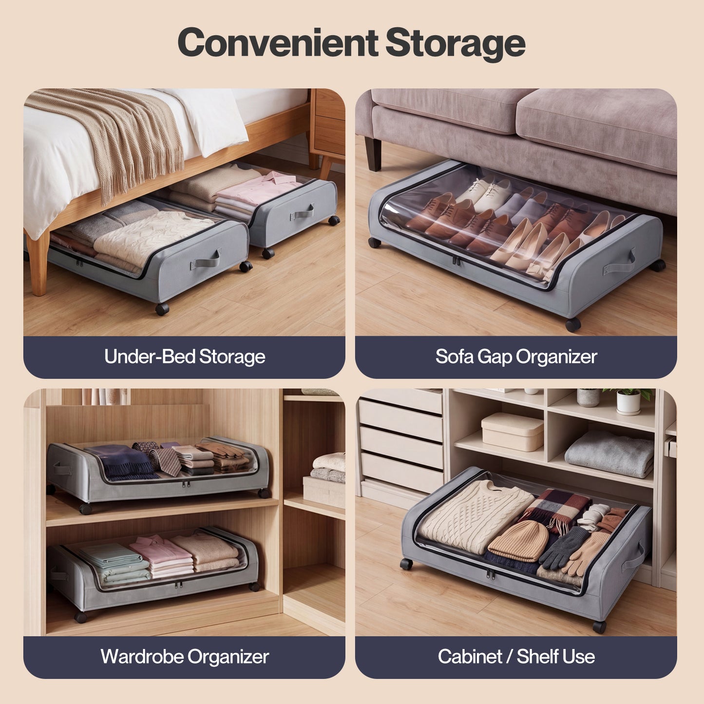 Levede Under Bed Storage Boxes with Lids 46L x2 Rolling Grey Oxford