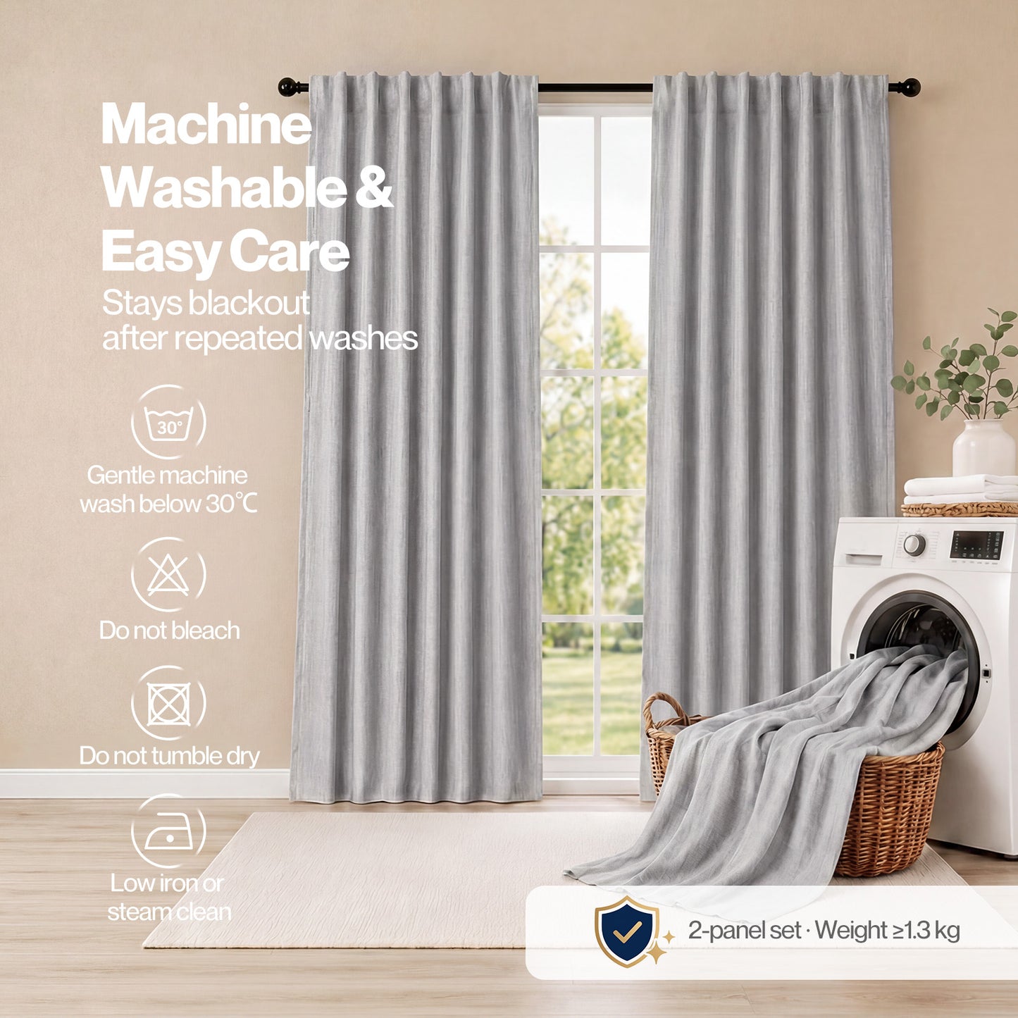 Marlow 100% Blackout Curtains Thermal Linen Look Pair Ready Made 46x72 in Grey