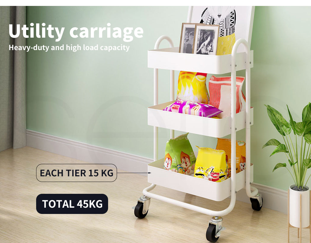 Levede Kitchen Trolley Cart 3 Tiers Storage Rack Steel Shelf Organiser Wheels