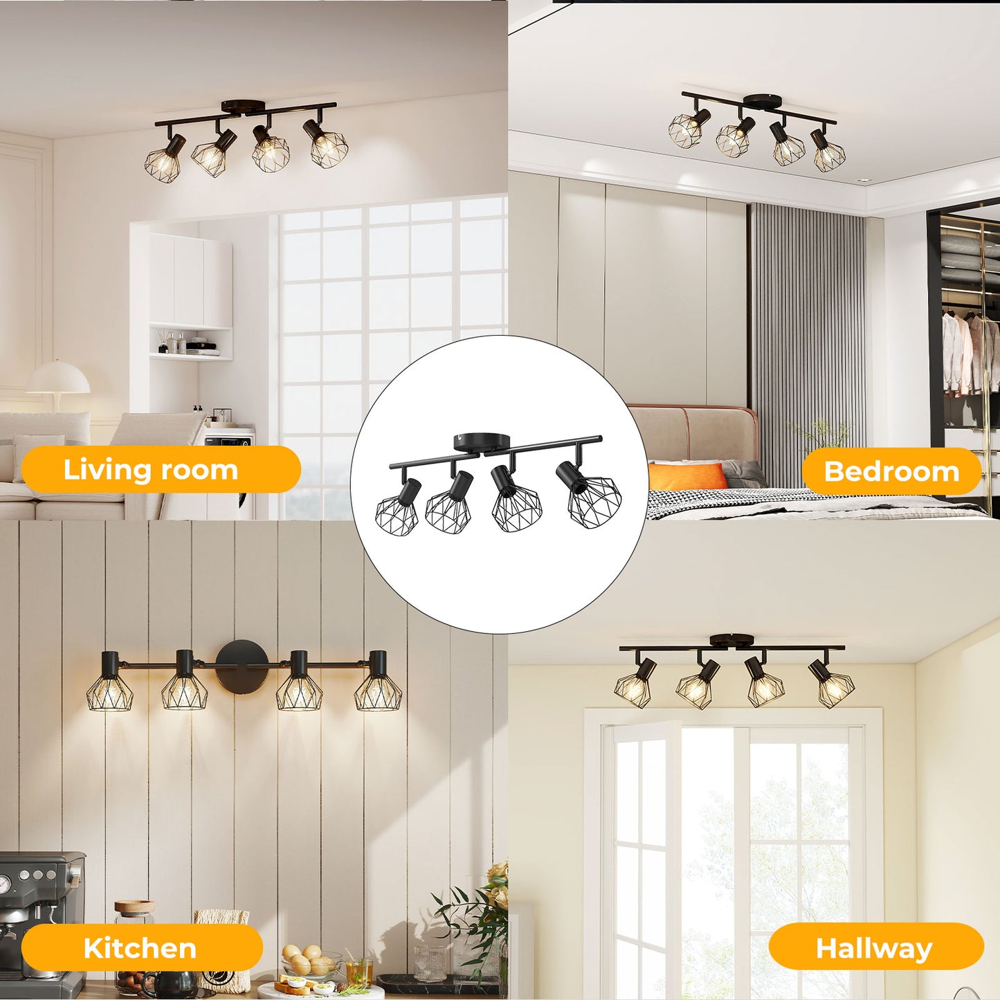 EMITTO LED Spot Ceiling Light 4-Way Adjustable Vintage Black Metal E14 Fixture