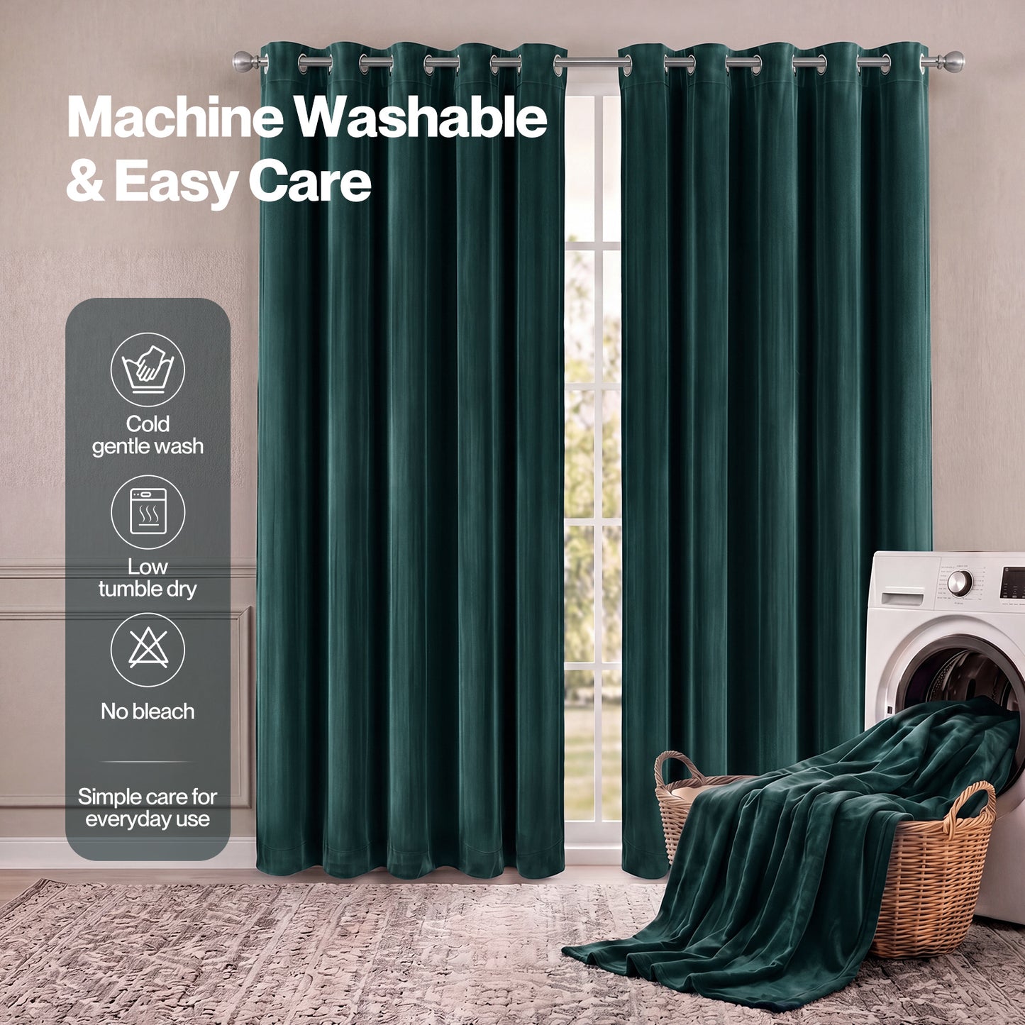 Marlow Thick Thermal Blackout Curtains Velvet 66x90 Inch Eyelet Ring Top Green