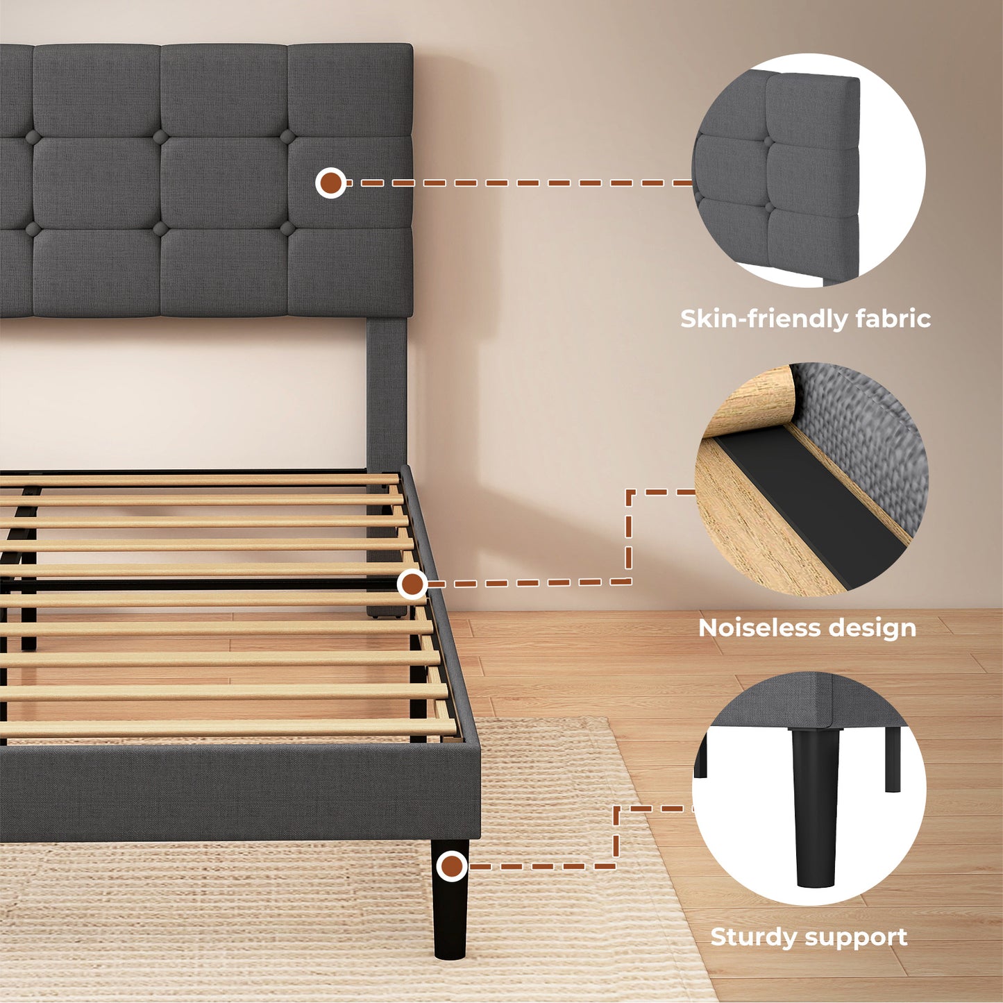 Levede Bed Frame Upholstered Linen Headboard Tufted Wooden Slat King Size Grey