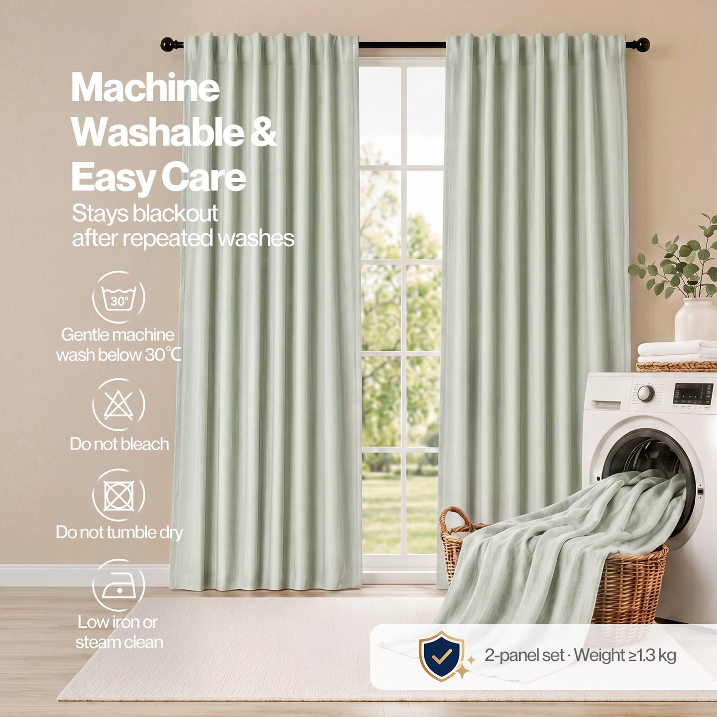 Marlow 100% Blackout Curtains Thermal Linen Look Pair Ready Made 46x72 in Green