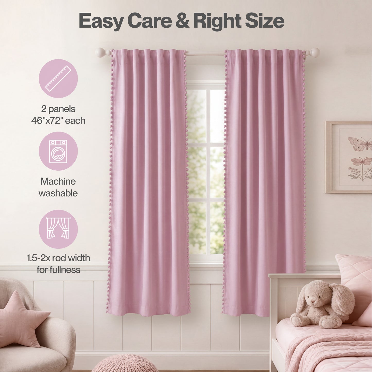 Marlow Pink Pom Pom Curtains for Nursery & Baby Girls Room 46"x72" 2 Panels