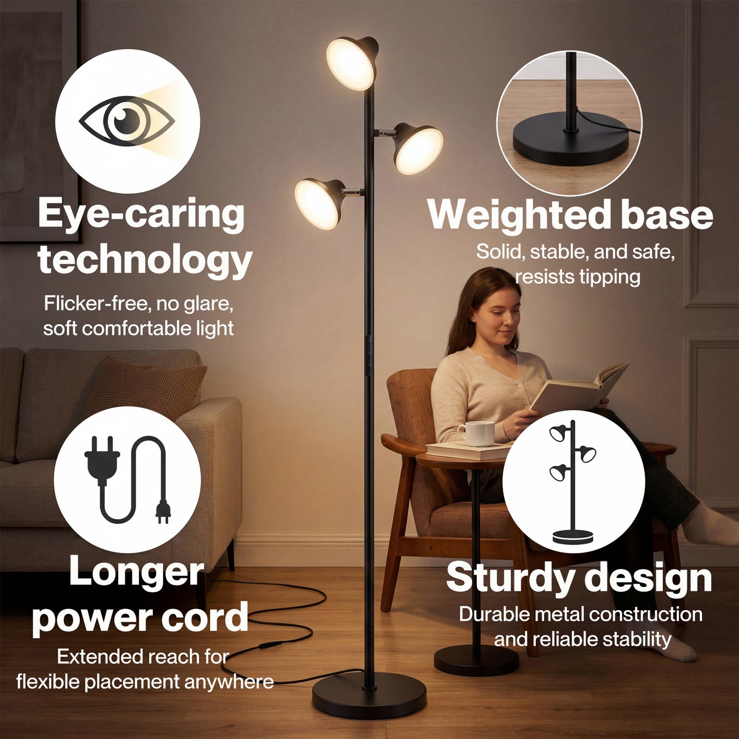 Emitto Floor Lamp 3 Head LED Reading Light Rotatable Remote Standing Lamp Black