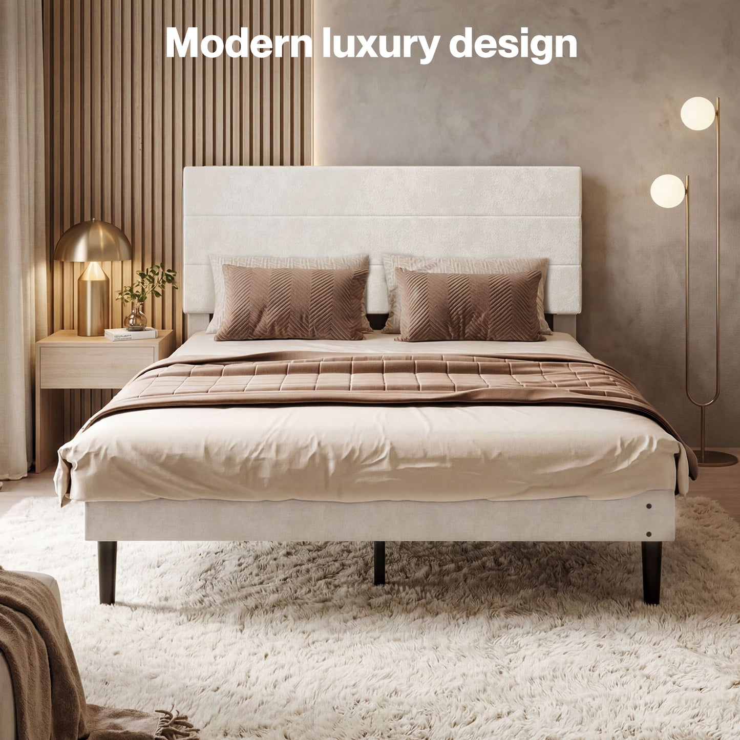 Levede Double Bed Frame with Upholstered Headboard Velvet Foam White Fabric