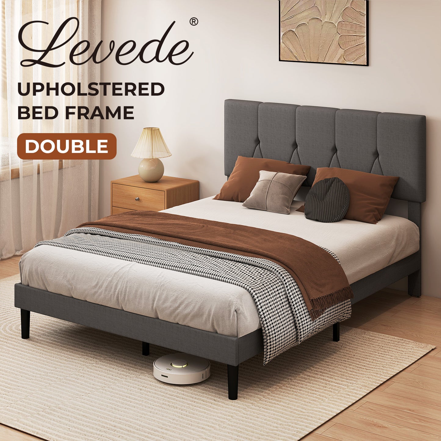 Levede Double Bed Frame Upholstered Linen Fabric Wooden Slats with Headboard