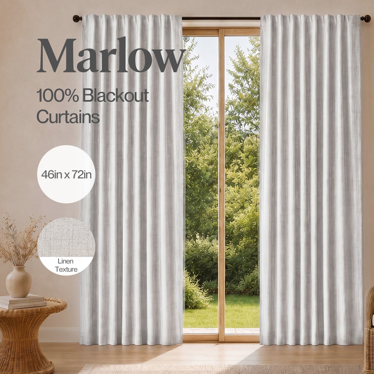 Marlow 100% Blackout Curtains Thermal Linen Look Ready Made 46x72 in Light Grey
