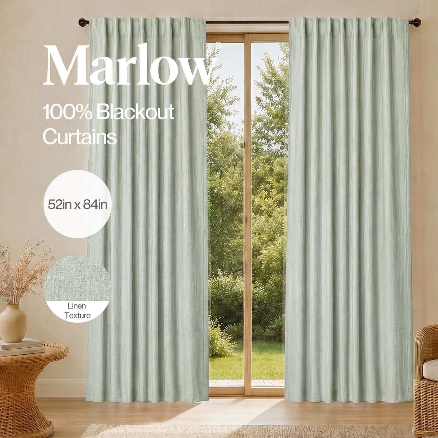 Marlow 100% Blackout Curtains Thermal Linen Look Pair Ready Made 52x84 in Green