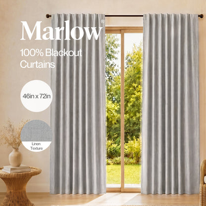 Marlow 100% Blackout Curtains Thermal Linen Look Pair Ready Made 46x72 in Grey