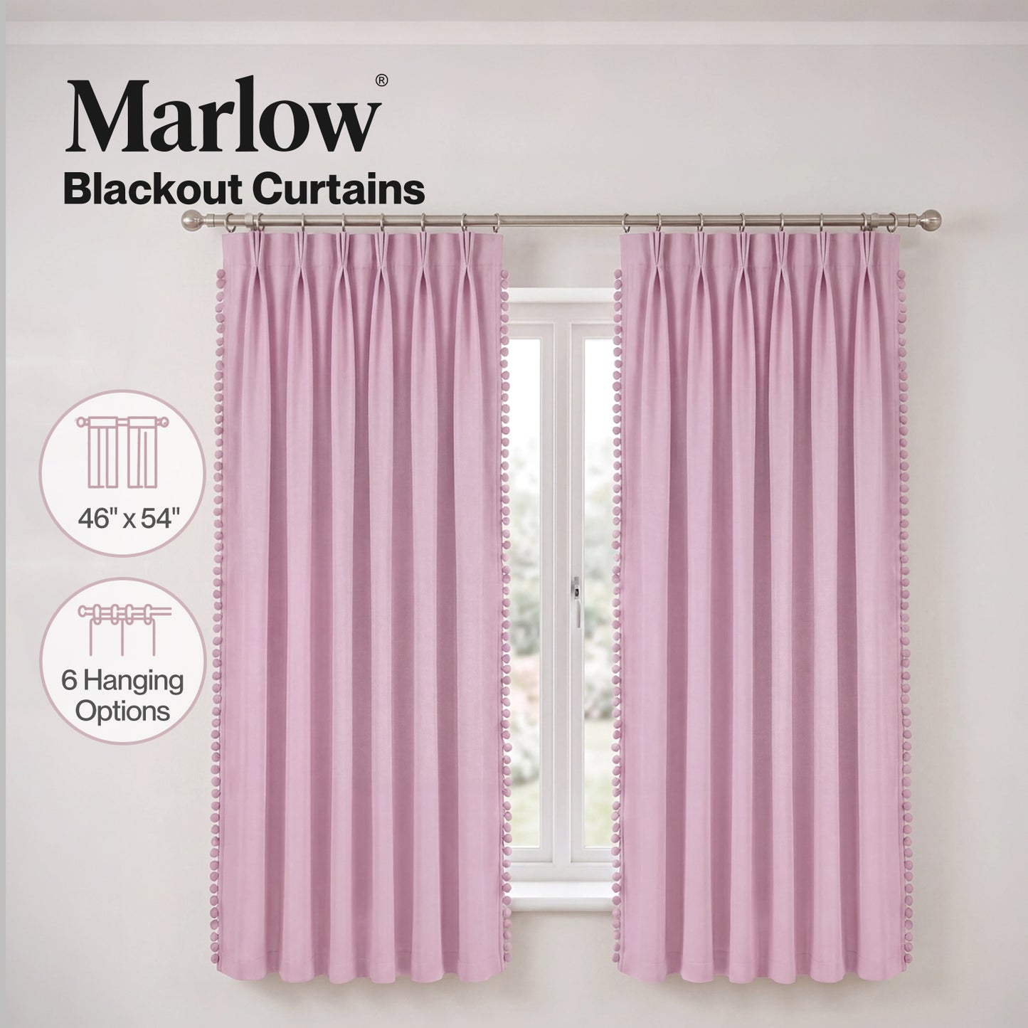 Marlow Pink Pom Pom Curtains for Nursery & Baby Girls Room 46"x54"  2 Panels