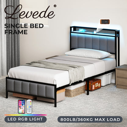 Levede Single Bed Frame Metal Platform 90x200cm LED Headboard Charging Station