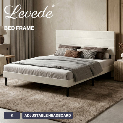 Levede King Bed Frame Upholstered Headboard Platform Velvet Foam White Fabric