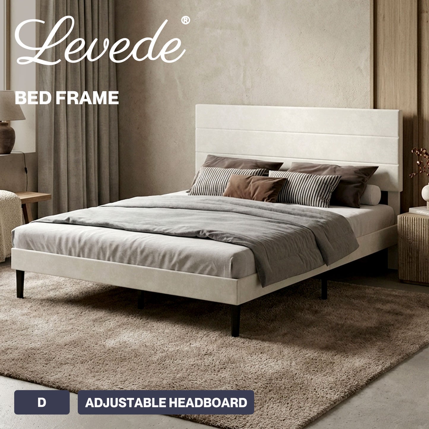 Levede Double Bed Frame with Upholstered Headboard Velvet Foam White Fabric
