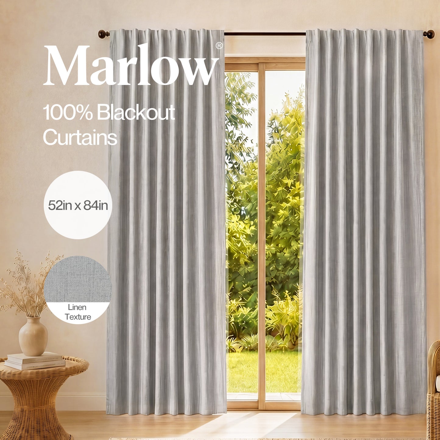 Marlow 100% Blackout Curtains Thermal Linen Look Pair Ready Made 52x84 in Grey