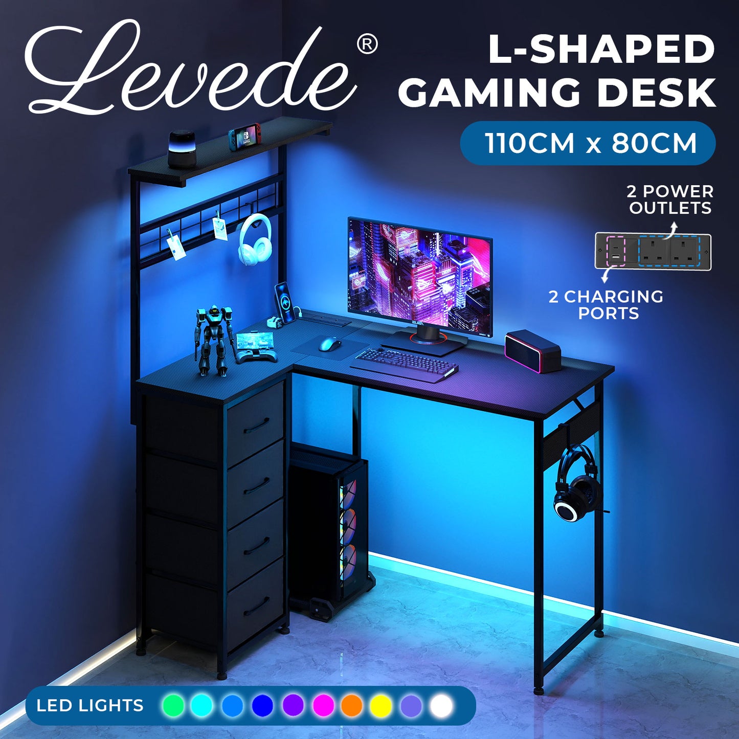 Levede L-Shaped Gaming Desk Office Computer Table with Power Socket LED Drawers