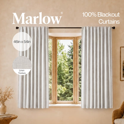 Marlow 100% Blackout Curtains Thermal Linen Look Ready Made 46x54 in Light Grey