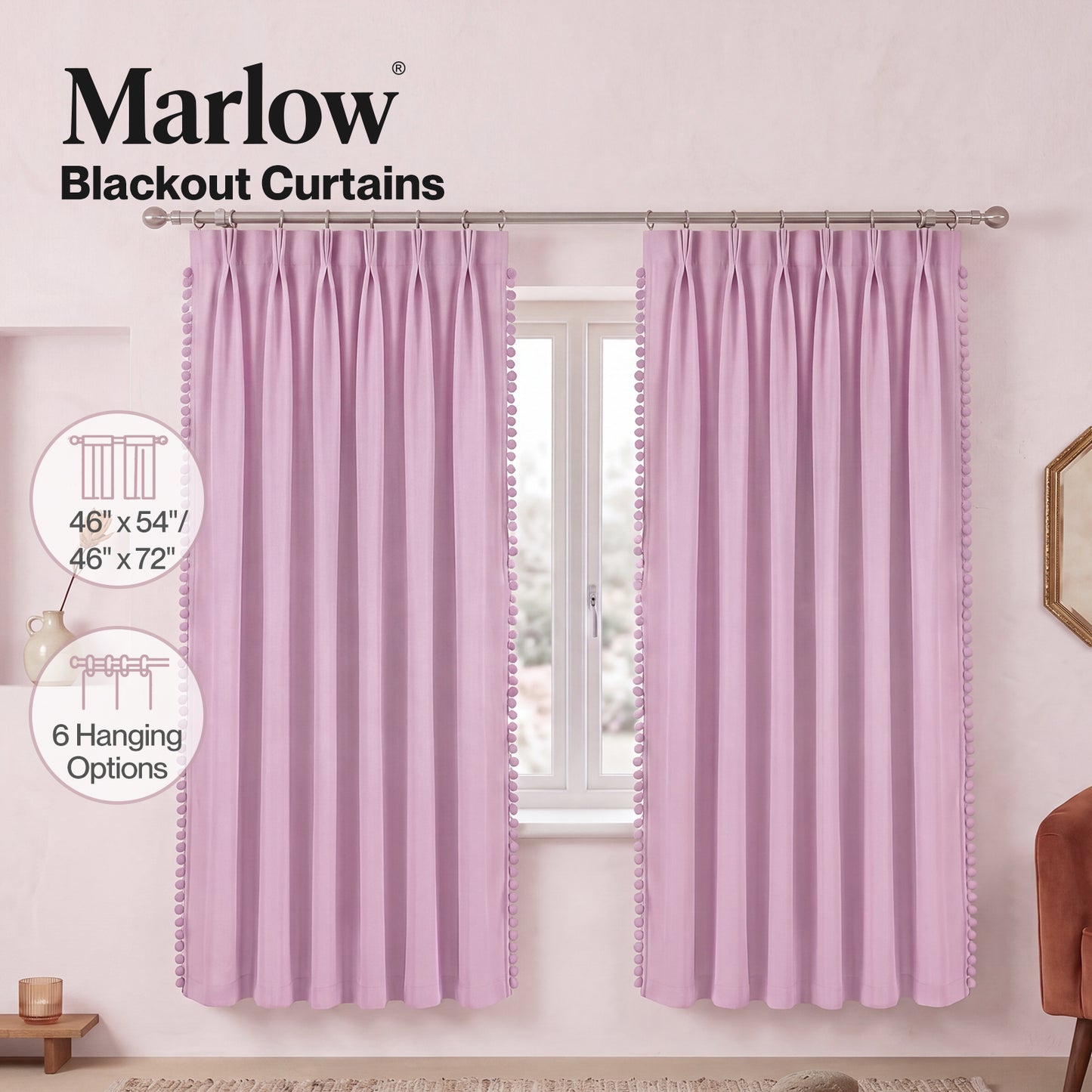 Marlow Pink Pom Pom Curtains for Nursery & Baby Girls Room  2 Panels
