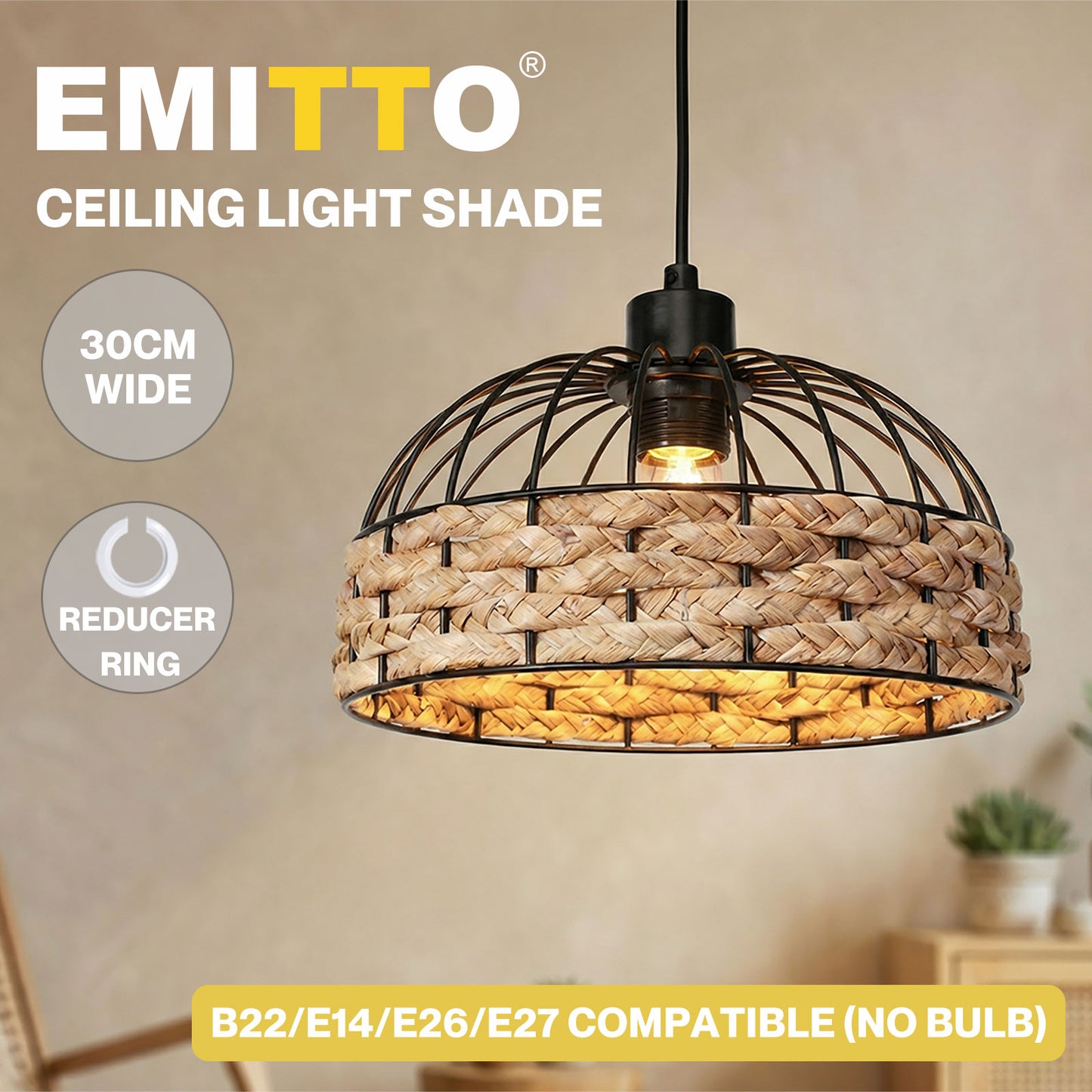 Emitto Modern Ceiling Pendant Light Shade Rattan Style Woven Lamp Shade 30cm