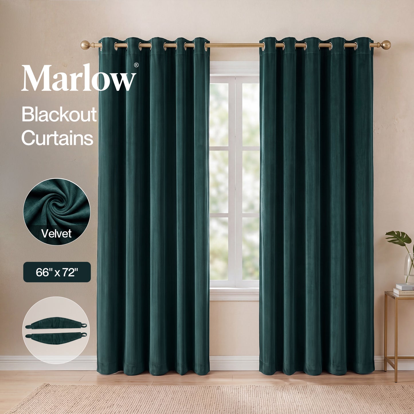 Marlow Thick Thermal Blackout Curtains Velvet 66x72 Inch Eyelet Ring Top Green