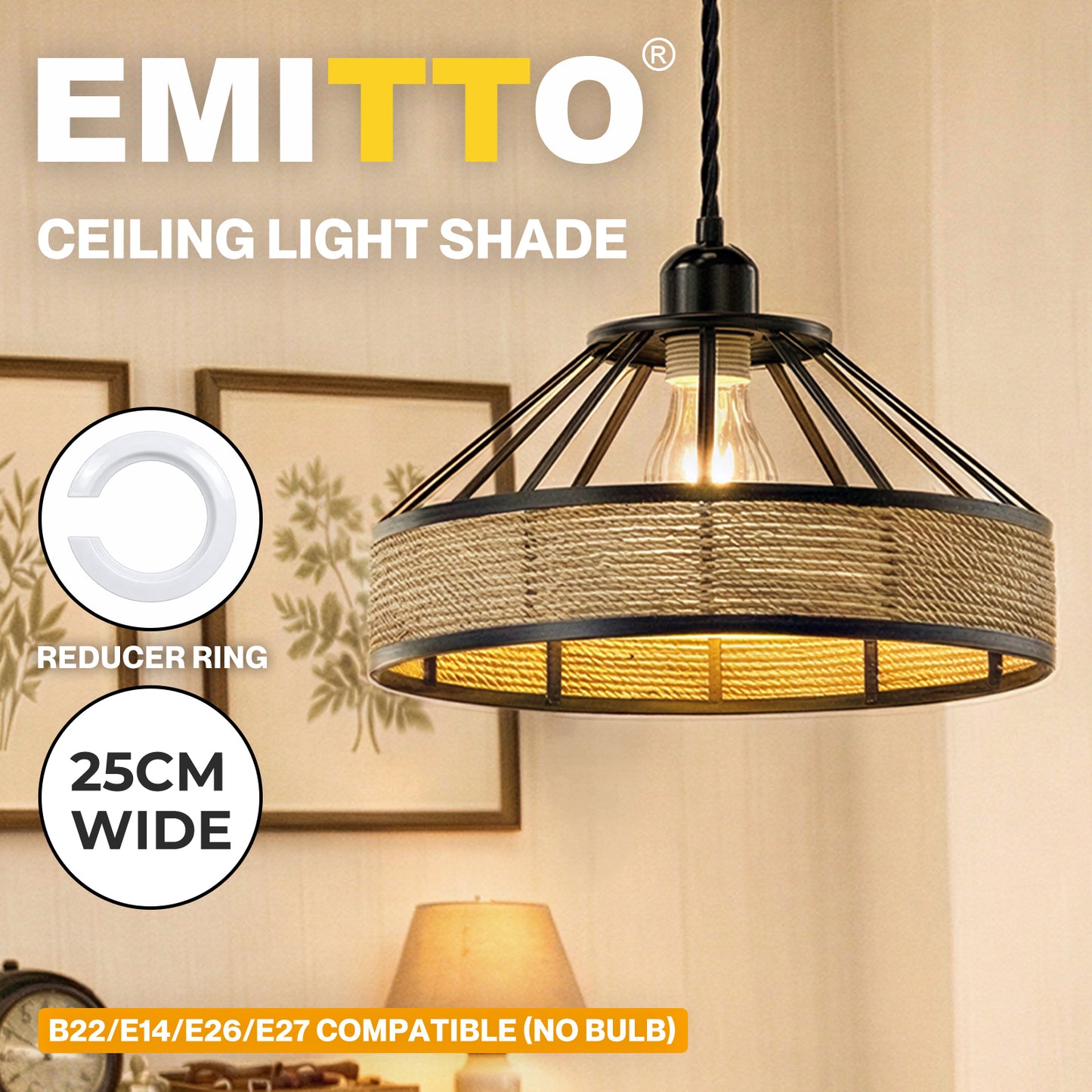Emitto Modern Ceiling Pendant Light Shade Industrial Hemp Rope Lamp Shade 25cm