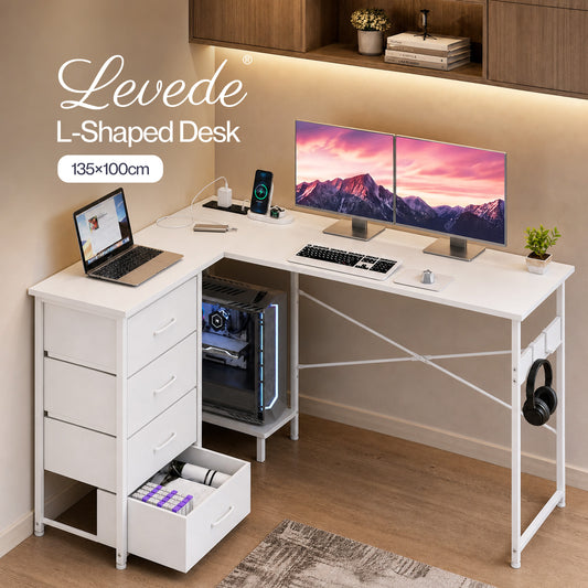 Levede L-shaped Office Desk Corner Computer Table with Storage USB Power Charging