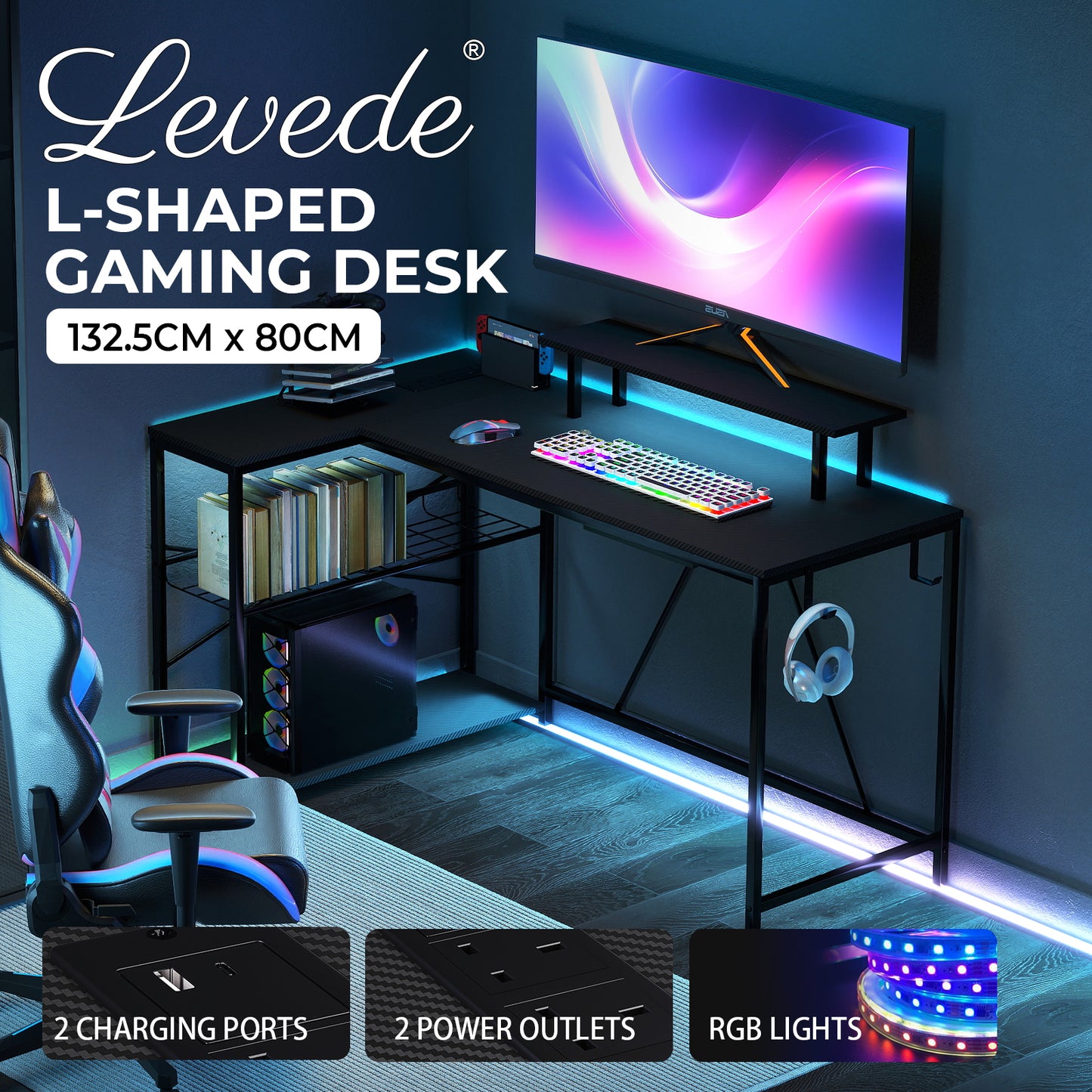 Levede Gaming Desk with LED Lights Shelf Corner L-Shaped Computer Table Charging