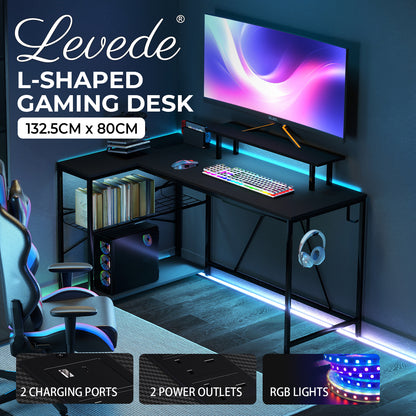 Levede Gaming Desk with LED Lights Shelf Corner L-Shaped Computer Table Charging