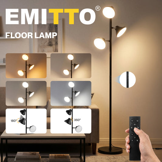 Emitto Floor Lamp 3 Head LED Reading Light Rotatable Remote Standing Lamp Black