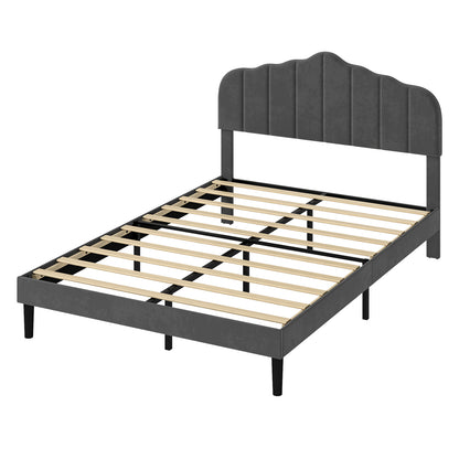 Levede King Upholstered Bed Frame Linen Fabric Platform Base Scalloped Headboard