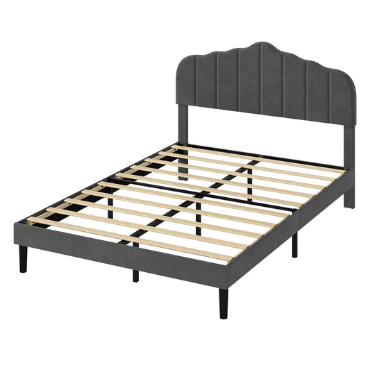 Levede King Upholstered Bed Frame Linen Fabric Platform Base Scalloped Headboard