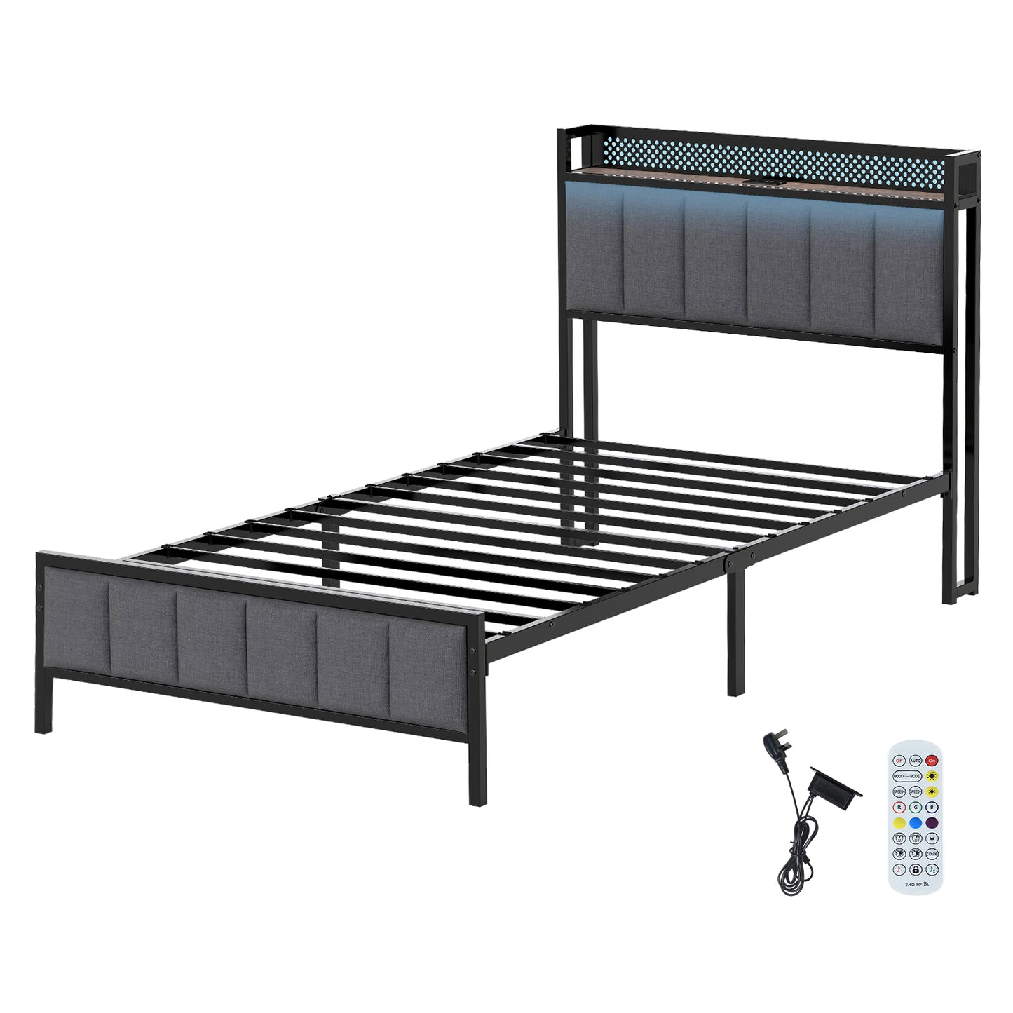 Levede Single Bed Frame Metal Platform 90x200cm LED Headboard Charging Station