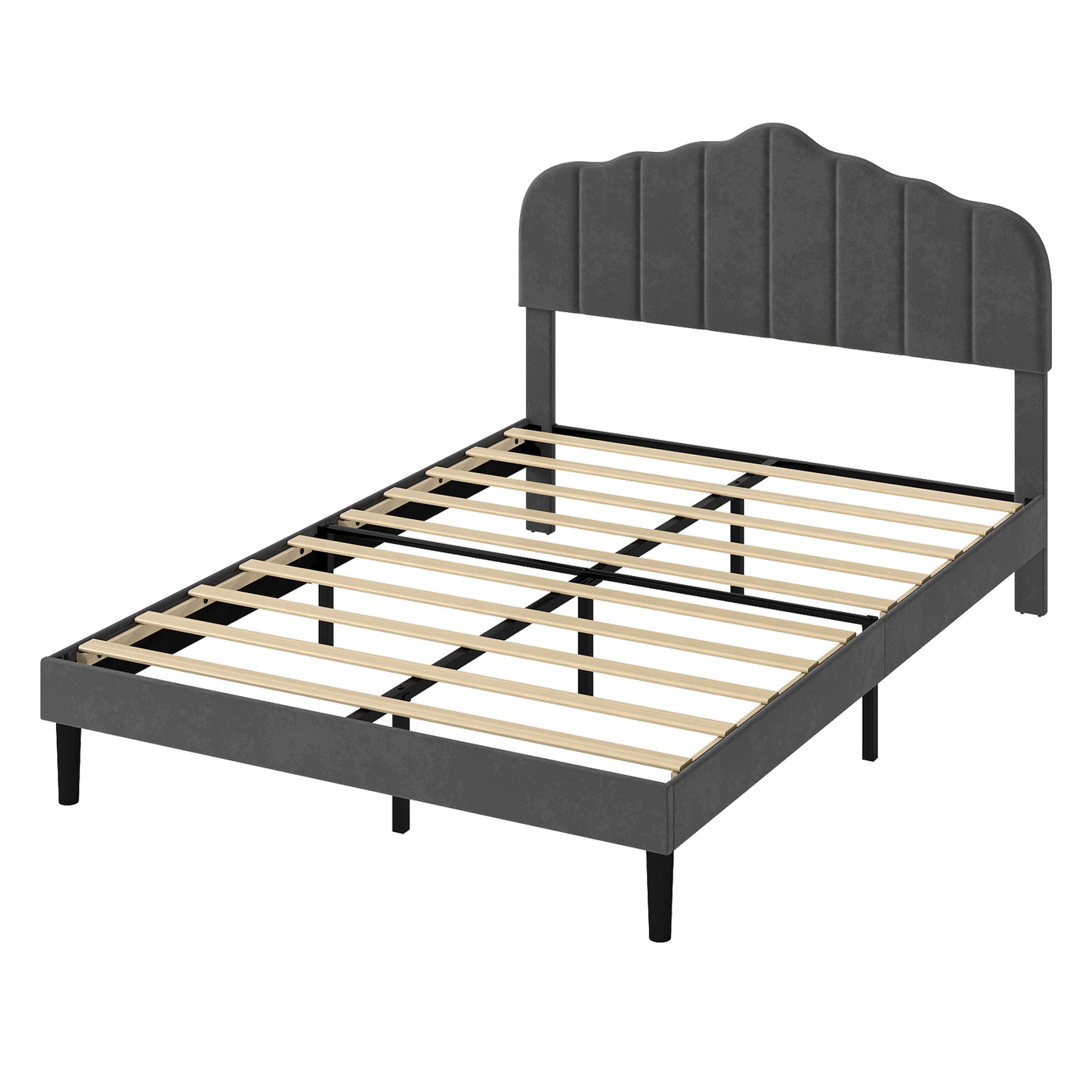 Levede Double Upholstered Bed Frame Linen Fabric Modern Soft Scalloped Headboard