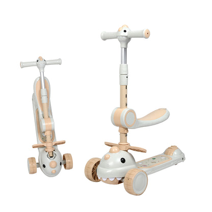 Dekko Foldable Kids Scooter Flip-able Seat Adjustable Height LED Light Beige