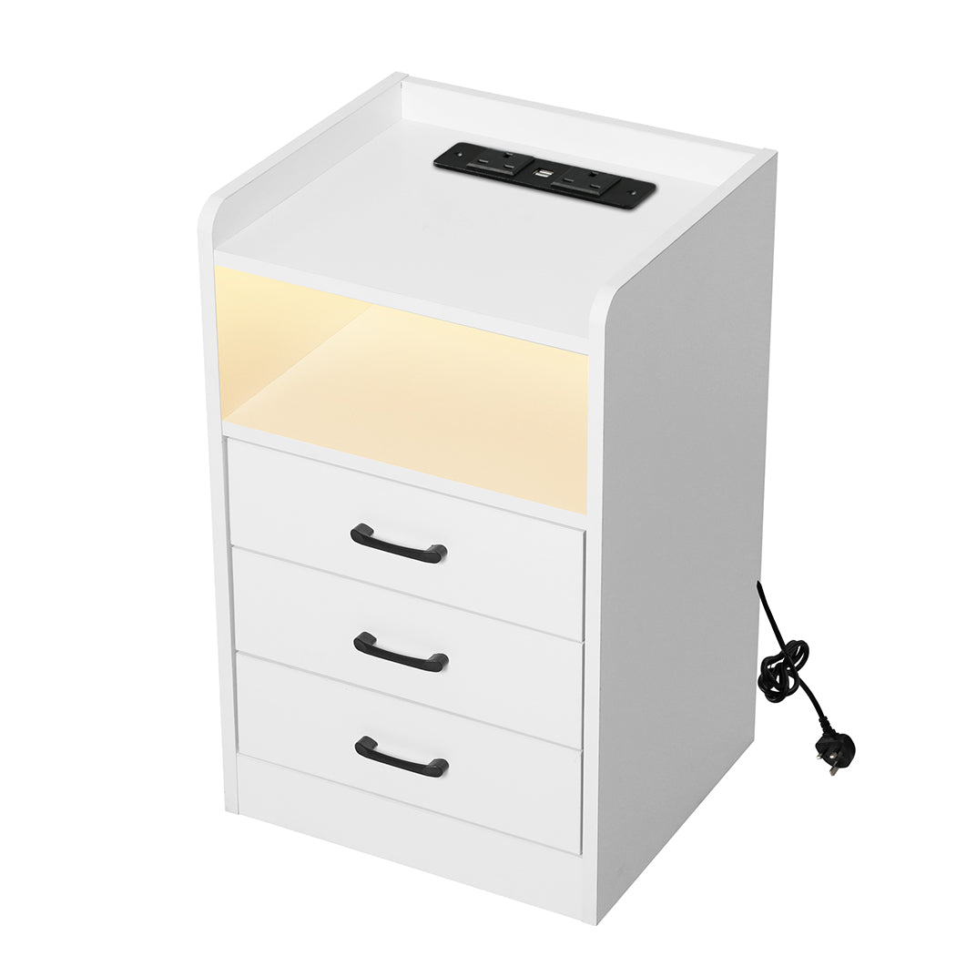 Levede Bedside Table Nightstand USB Charger Outlet RGB LED 3 Drawers Storage