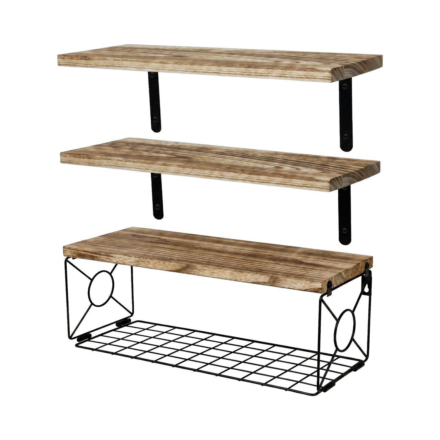 Levede Wood Floating Shelves 3 Tier Bathroom Wall Shelves with Storage Basket