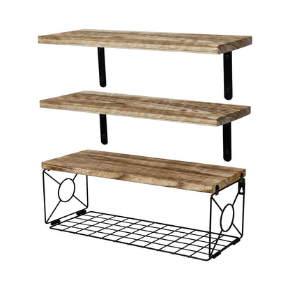 Levede Wood Floating Shelves 3 Tier Bathroom Wall Shelves with Storage Basket