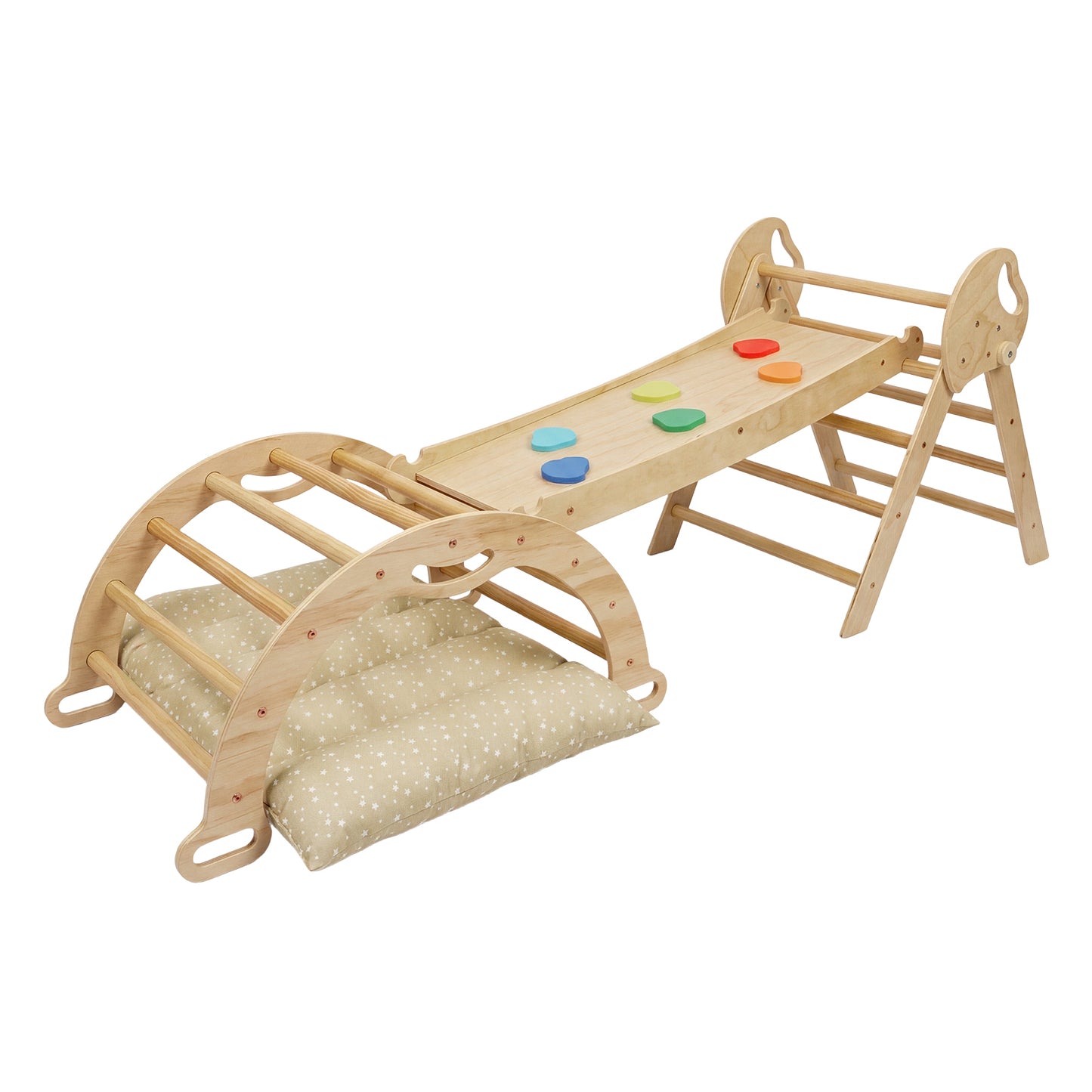 DEKKO 8 in 1 Triangle Climbing Set Kids Wooden Climber with Arch Slide Cushion