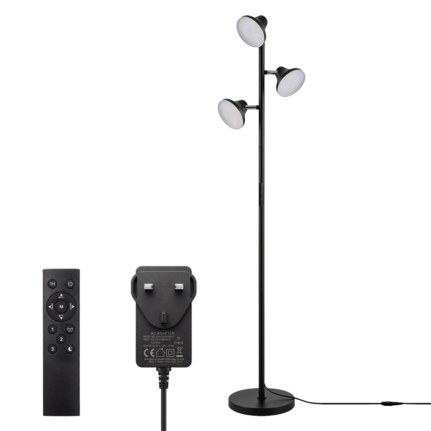 Emitto Floor Lamp 3 Head LED Reading Light Rotatable Remote Standing Lamp Black