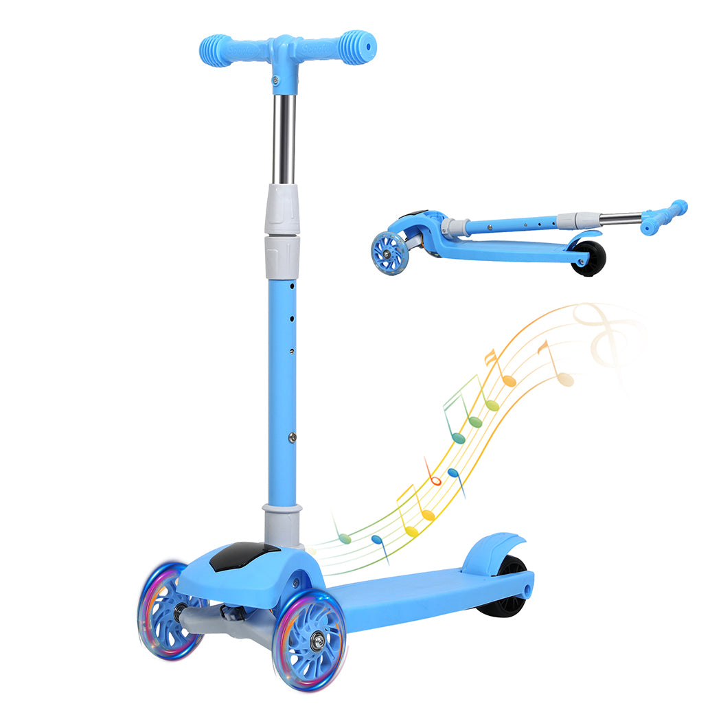 Dekko Foldable Kids Scooter Adjustable Height Flashing LED Music 3 Wheels Blue