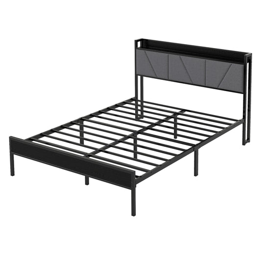 Levede Double Bed Frame Metal Platform Linen Upholstered Headboard with Storage