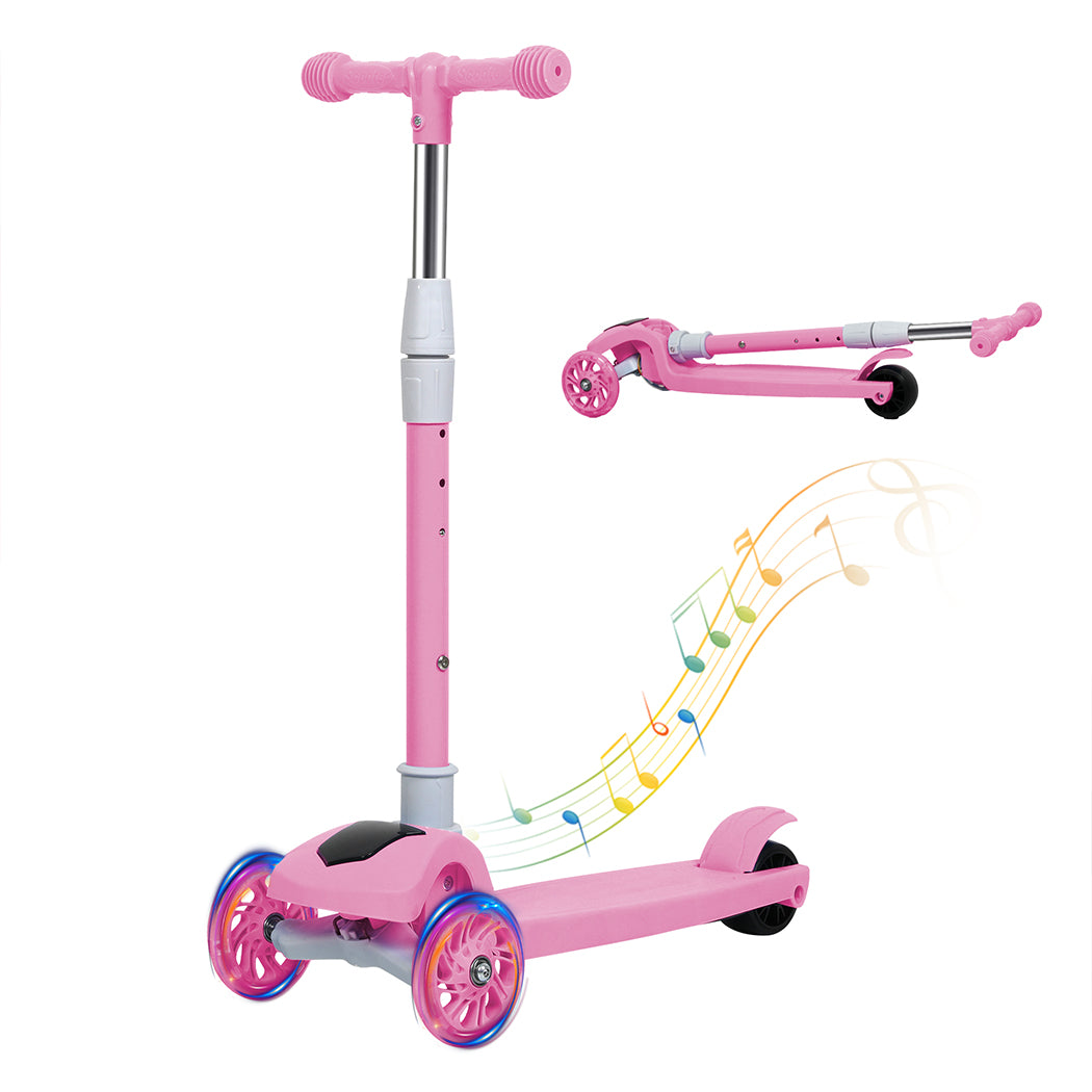Dekko Foldable Kids Scooter Adjustable Height Flashing LED Music 3 Wheels Pink