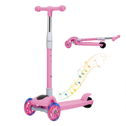 Dekko Foldable Kids Scooter Adjustable Height Flashing LED Music 3 Wheels Pink