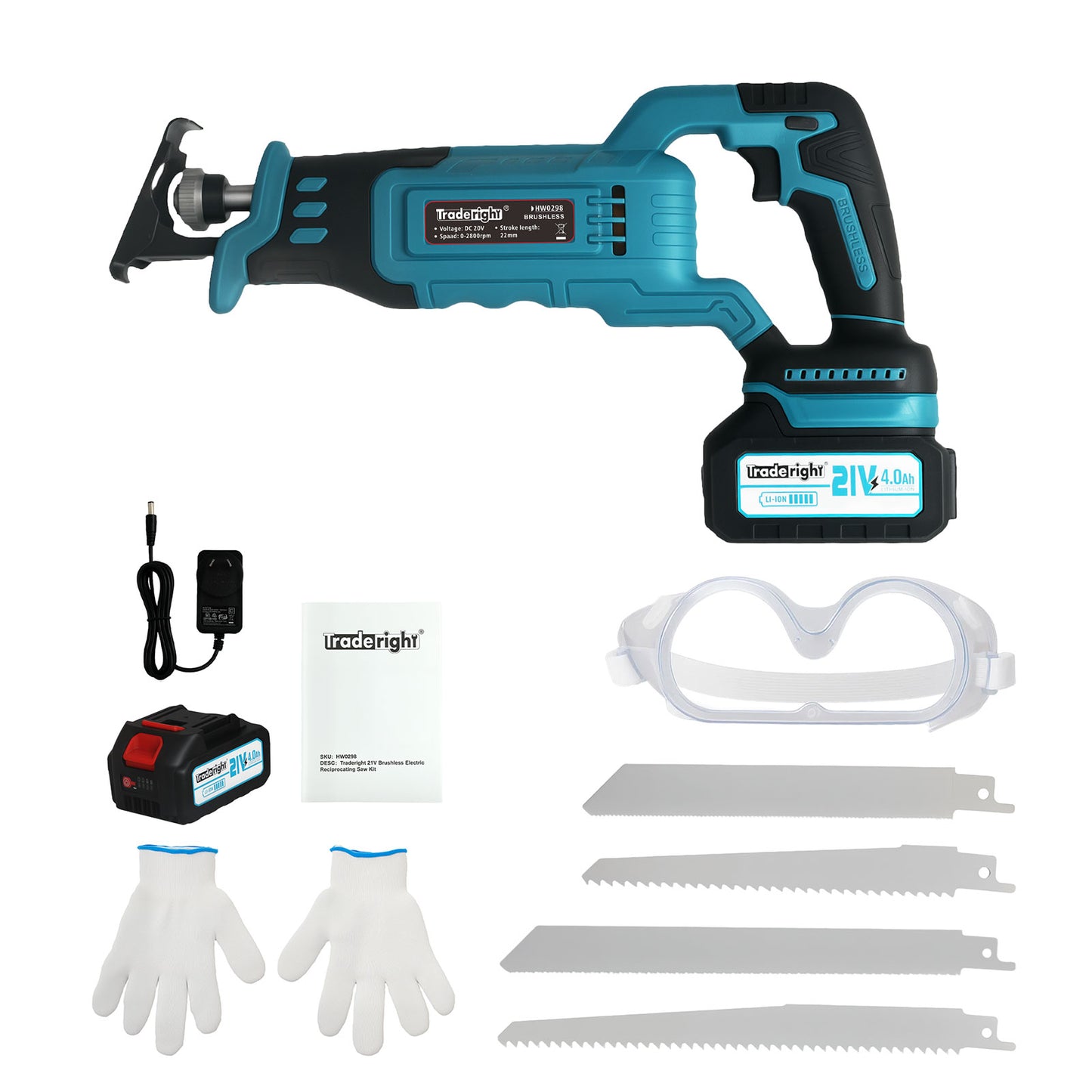 Traderight Cordless Reciprocating Saw Set For Wood Metal 2 Battery Safety Goggle