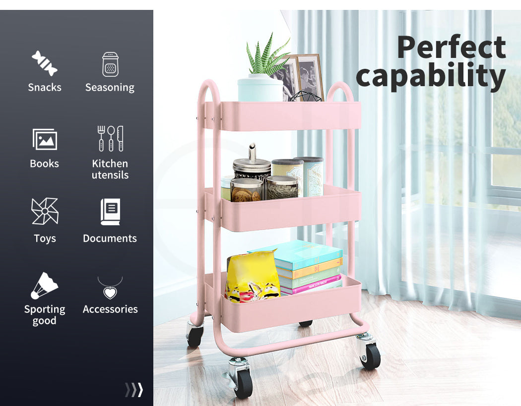 Levede 3 Tiers Kitchen Trolley Cart Steel Storage Rack Shelf Organiser Pink