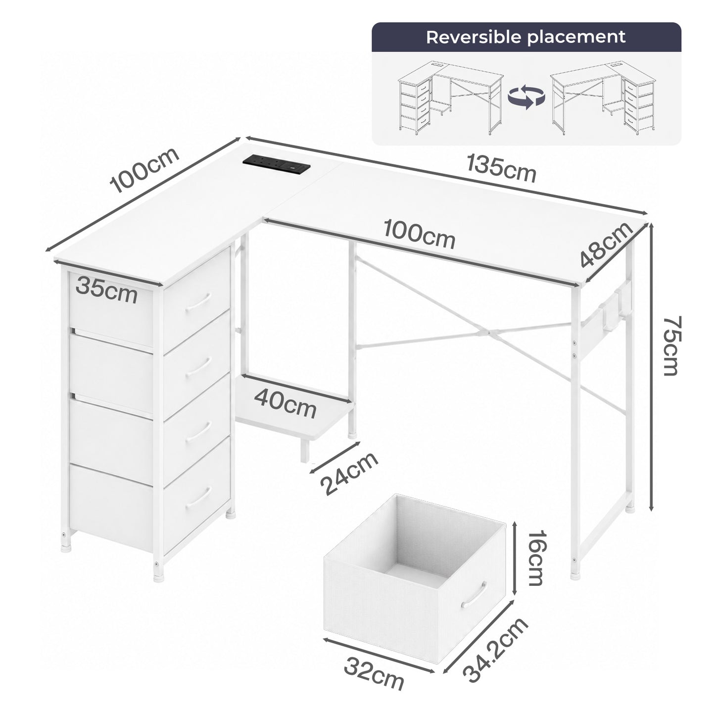 Levede L-shaped Office Desk Corner Computer Table with Storage USB Power Charing