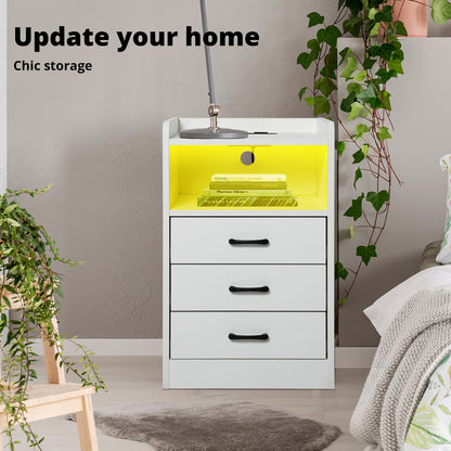 Levede Bedside Table Nightstand USB Charger Outlet RGB LED 3 Drawers Storage