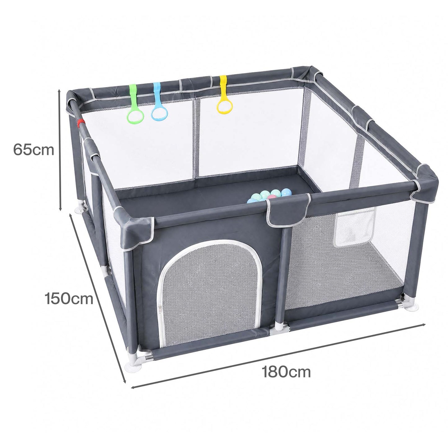 Dekko Baby Playpen 150x180cm Play Mat with 50 Ocean Balls 65cm Safe Height Grey